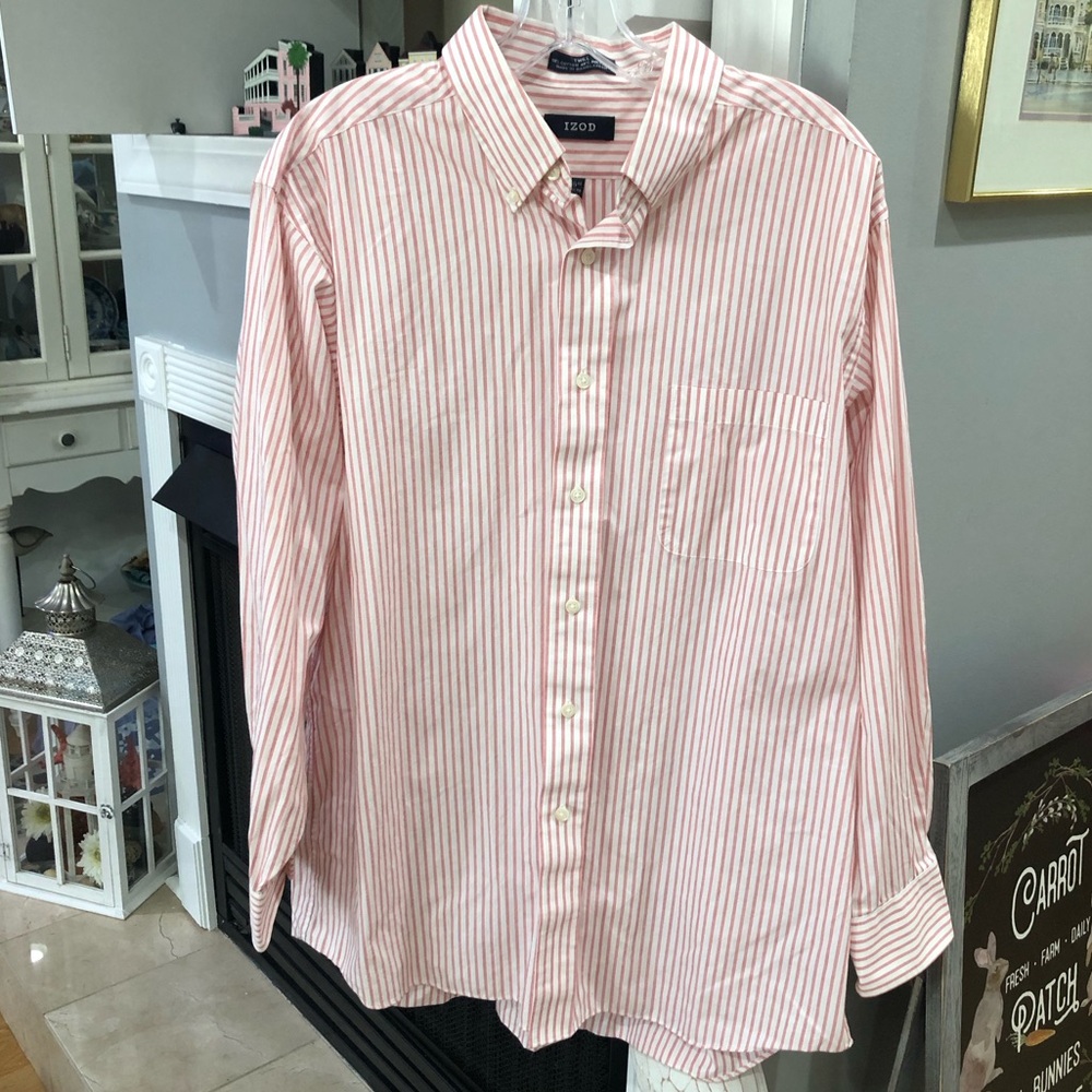 Izod Men’s Striped Long Sleeve Collared Button Up Dress Shirt